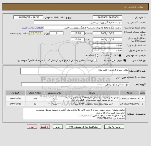 استعلام روغن سرخ کردنی و خمیر پیتزا