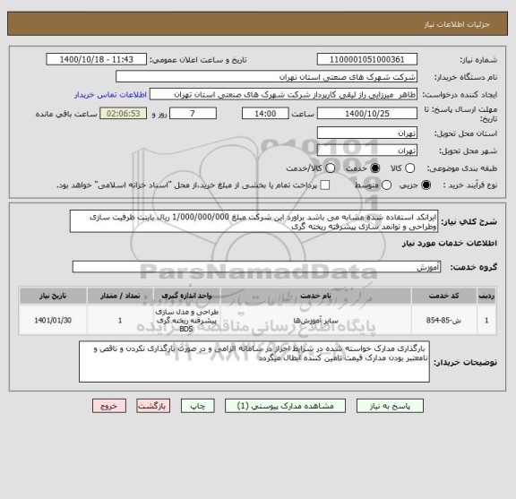 استعلام ایرانکد استفاده شده مشابه می باشد براورد این شرکت مبلغ 1/000/000/000 ریال بابتت ظرفیت سازی وطراحی و توانمد سازی پیشرفته ریخته گری 