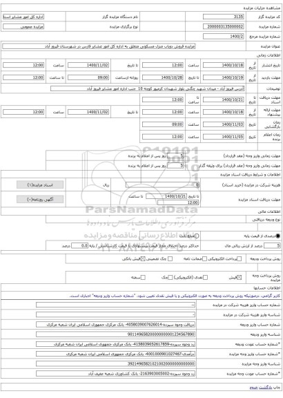 مزایده فروش دوباب منزل مسکونی متعلق به اداره کل امور عشایر فارس در شهرستان فیروز آباد
