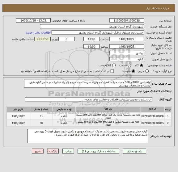 استعلام لوله بتنی 1000 و 500 جهت خیابان فضیلت.چهارراه سربست.بند دره.چهار راه مخابرات در شهر گناوه طبق لیست و مشخصات پیوستی