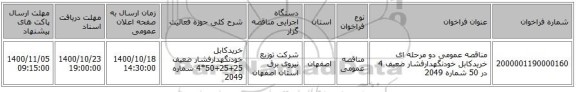 مناقصه عمومی دو مرحله ای خریدکابل خودنگهدارفشار ضعیف 4 در 50 شماره 2049