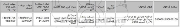مناقصه عمومی دو مرحله ای خریدکابل خودنگهدارفشار ضعیف 70در4 شماره 2048
