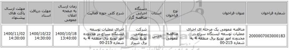 مناقصه عمومی یک مرحله ای اجرای عملیات توسعه ایستگاه سراج در محدوده امور توزیع برق منطقه 4 به شماره 215-00