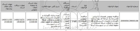 مناقصه عمومی همزمان با ارزیابی (فشرده) یک مرحله ای بهره برداری نگهداری و تعمیرات  تاسیسات و رفع حوادث و اتفاقات شبکه انشعابات و خطوط انتقال آب در شهرستان اسلا