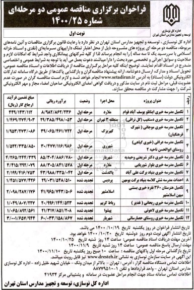 فراخوان مناقصه تکمیل مدرسه خیری  و... 