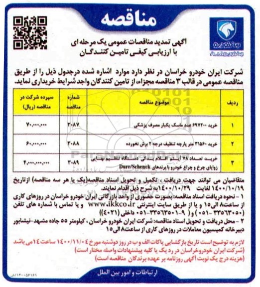 تمدید مناقصه خرید 697200 عدد ماسک یک بار مصرف پزشکی ...