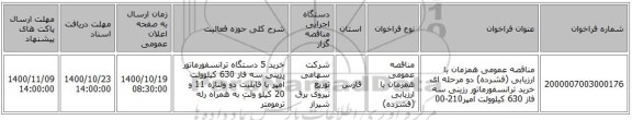 مناقصه عمومی همزمان با ارزیابی (فشرده) دو مرحله ای خرید ترانسفورماتور رزینی سه فاز 630 کیلوولت آمپر210-00