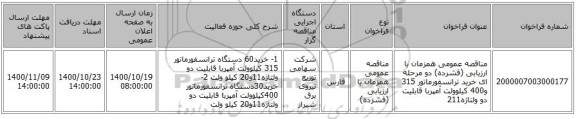 مناقصه عمومی همزمان با ارزیابی (فشرده) دو مرحله ای خرید ترانسفورماتور 315 و400 کیلوولت آمپربا قابلیت دو ولتاژه211
