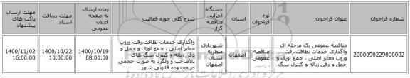 مناقصه عمومی یک مرحله ای واگذاری خدمات نظافت،رفت وروب معابر اصلی ، جمع اوری و حمل و دفن زباله و کنترل سگ