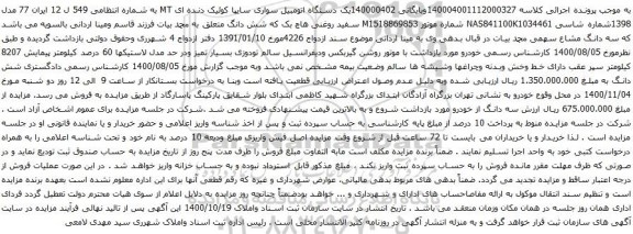 آگهی مزایده یک دستگاه اتومبیل سواری سایپا کوئیک