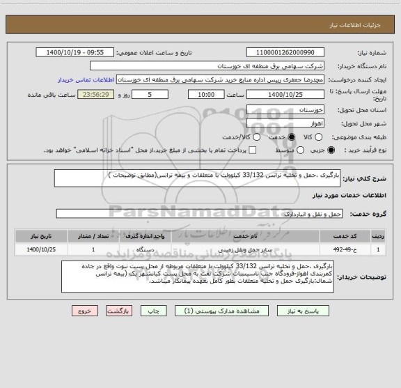 استعلام بارگیری ،حمل و تخلیه ترانس 33/132 کیلوولت با متعلقات و بیمه ترانس(مطابق توضیحات )