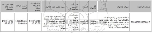 مناقصه عمومی یک مرحله ای واگذاری تهیه مواد اولیه طبخ و توزیع غذای معاونت آموزشی و پژوهشی دانشکده علوم پزشکی و خدمات بهداشتی درمانی مراغه