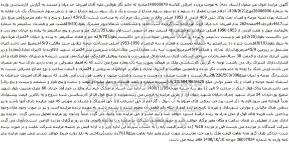 آگهی مزایده ششدانگ یک باب مغازه به استثناء بهاء ثمنیه عرصه و اعیان تحت پلاک ثبتی 409 فرعی از 1953 اصلی
