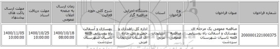 مناقصه عمومی یک مرحله ای بهسازی و آسفالت راه روستایی قلعه تاسیان شهرستان سردشت