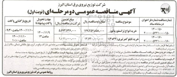 مناقصه خرید انواع ترانسفورماتور ... 