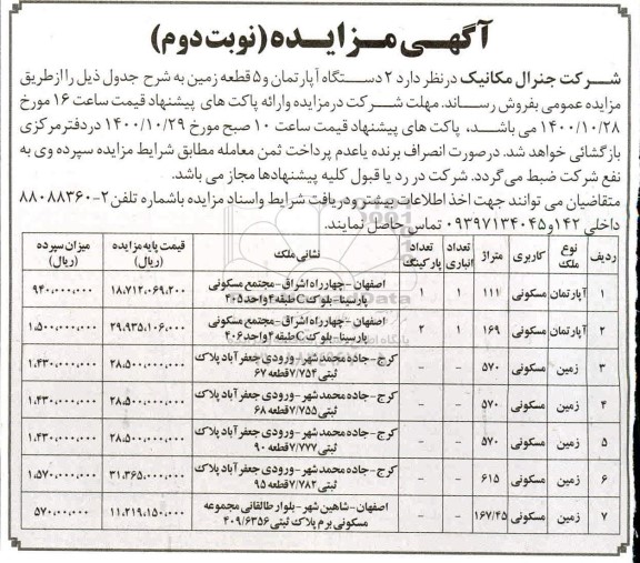 مزایده،مزایده فروش دو دستگاه آپارتمان مسکونی