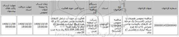 مناقصه عمومی همزمان با ارزیابی (فشرده) یک مرحله ای کارهای باقیمانده  نواحی عمرانی n1 و q1 طرح شبکه آبیاری و زهکشی آغ چای
