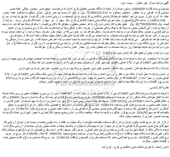 مزایده،مزایده فروش ملک پلاک ثبتی 14087 فرعی از 170 اصلی  