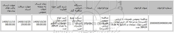 مناقصه عمومی همزمان با ارزیابی (فشرده) دو مرحله ای خرید انواع کلمپ،بلوک دوبلمان و کانکتور به تعداد 38424 عدد