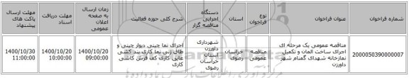مناقصه عمومی یک مرحله ای اجرای ساخت المان و تکمیل نمازخانه شهدای گمنام شهر داورزن