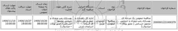 مناقصه عمومی یک مرحله ای بهسازی رمپ ورودی و خروجی محمود حسامی ( محور بوکان –  میاندوآب)