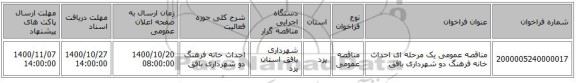 مناقصه عمومی یک مرحله ای احداث خانه فرهنگ دو شهرداری بافق