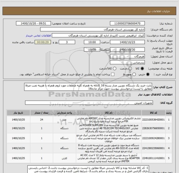 استعلام بابت خرید یک دستگاه دوربین مدار بسته 16 کاناله به همراه کلیه متعلقات مورد لزوم همراه با هزینه نصب صرفا مطابق با لیست درخواستی پیوست جهت مرکز ماده16 