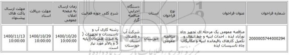 مناقصه عمومی یک مرحله ای تجهیز چاه نورآباد ایذه ، احداث ابنیه و خط انتقال و تکمیل کارهای باقیمانده ابنیه و مکانیکال چاه تاسیسات ایذه