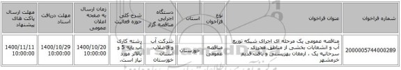 مناقصه عمومی یک مرحله ای اجرای شبکه توزیع آب و انشعابات بخشی از مناطق محرزی ، سرحانیه یک ، ارمغان بهزیستی و بافت قدیم خرمشهر