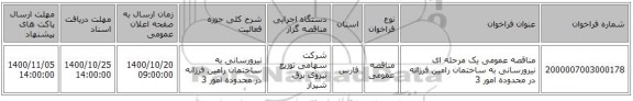 مناقصه عمومی یک مرحله ای نیرورسانی به ساختمان رامین فرزانه در محدوده امور 3