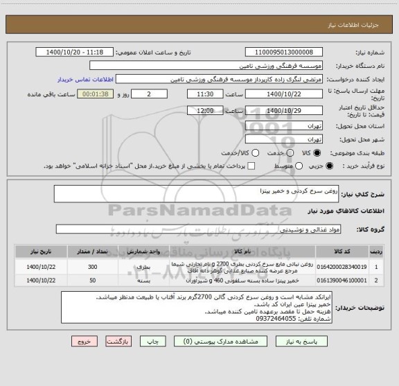 استعلام روغن سرخ کردنی و خمیر پیتزا