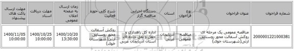 مناقصه عمومی یک مرحله ای روکش آسفالت محور روستایی ارثی(شهرستان خوی) ‏‏‏‏