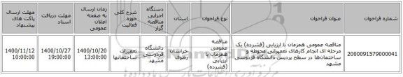 مناقصه عمومی همزمان با ارزیابی (فشرده) یک مرحله ای  انجام کارهای تعمیراتی محوطه و ساختمان‌ها در سطح پردیس دانشگاه فردوسی مشهد