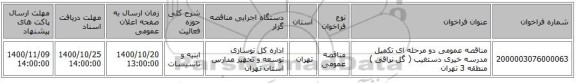 مناقصه عمومی دو مرحله ای تکمیل مدرسه خیری دستغیب ( گل نراقی ) منطقه 3 تهران