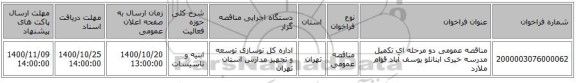 مناقصه عمومی دو مرحله ای تکمیل مدرسه خیری اینانلو یوسف آباد قوام ملارد