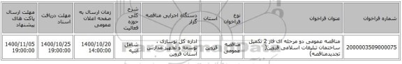 مناقصه عمومی دو مرحله ای فاز 2 تکمیل ساختمان تبلیغات اسلامی قزوین( تجدیدمناقصه)