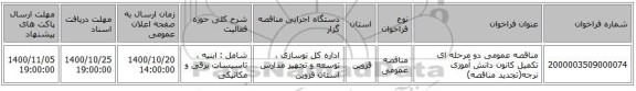 مناقصه عمومی دو مرحله ای تکمیل کانون دانش آموزی نرجه(تجدید مناقصه)