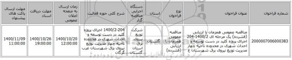 مناقصه عمومی همزمان با ارزیابی (فشرده) یک مرحله ای 1400/2-204 اجرای پروژه کلید در دست توسعه و احداث شهری در محدوده ناحیه چهار مدیریت توزیع نیروی برق شهرستان غ