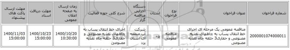 مناقصه عمومی یک مرحله ای اجرای خط انتقال پساب به چاههای تغذیه مصنوعی و حفاری3 حلقه چاه تغذیه مصنوعی 