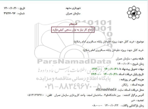 استعلام خرید کابل