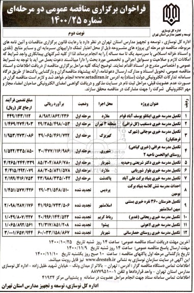 فراخوان مناقصه، فراخوان مناقصه تکمیل مدرسه خیری  و... - نوبت دوم 