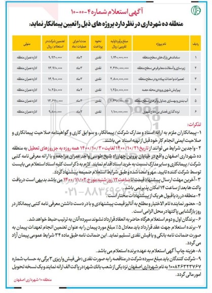 استعلام ساماندهی پارک های سطح منطقه و ....