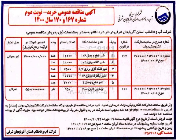 مناقصه، مناقصه خرید شیر قطع و وصل ... - نوبت دوم 
