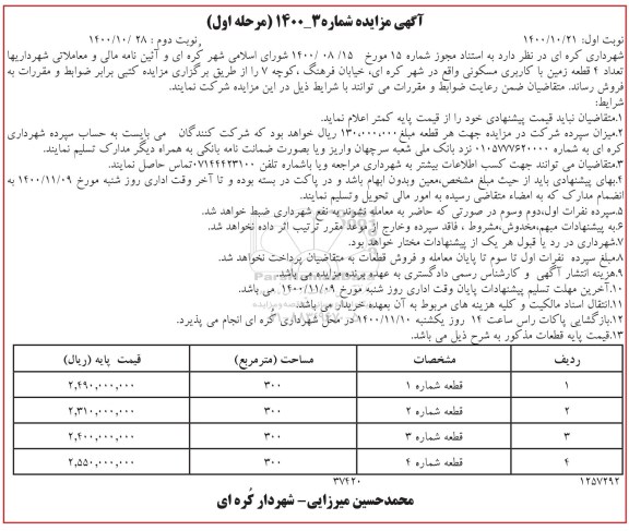 مزایده،مزایده فروش 4 قطعه زمین با کاربری مسکونی نوبت اول مرحله اول