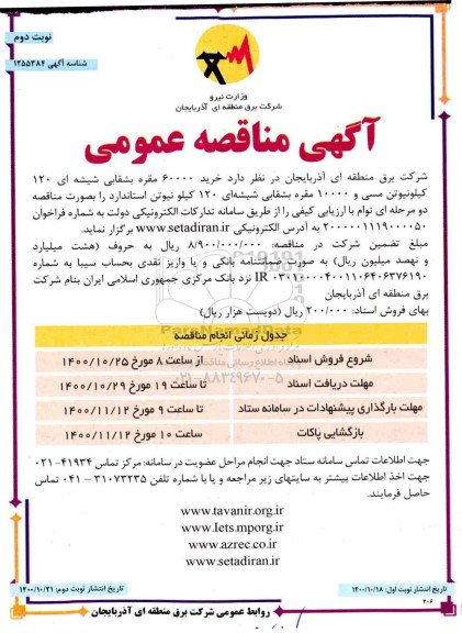 مناقصه، مناقصه خرید 60000 مقره بشقابی شیشه ای 120 کیلونیوتن مسی ...
