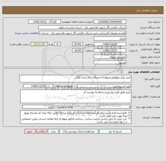 استعلام خرید شل روتوفرمر مربوط به دستگاه دانه بندی گوگرد