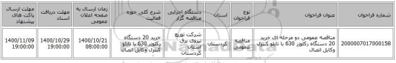 مناقصه عمومی دو مرحله ای  خرید 20 دستگاه رکلوزر 630 با تابلو کنترل وکابل اتصال