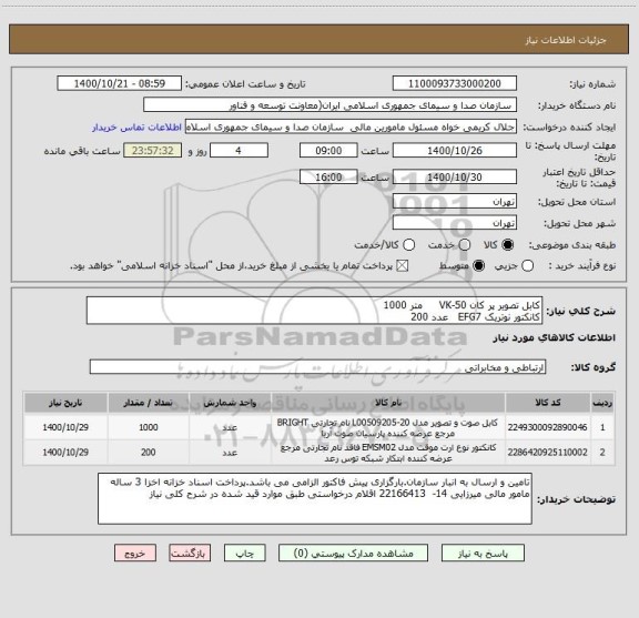 استعلام کابل تصویر پر کان VK-50     متر 1000
کانکتور نوتریک EFG7   عدد 200   