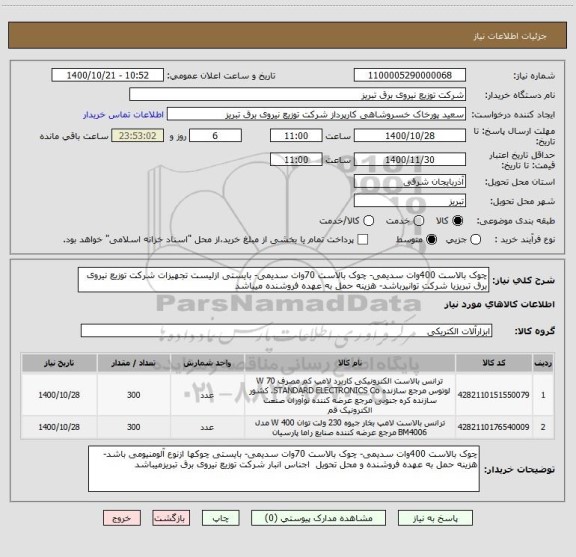 استعلام چوک بالاست 400وات سدیمی- چوک بالاست 70وات سدیمی- بایستی ازلیست تجهیزات شرکت توزیع نیروی برق تبریزیا شرکت توانیرباشد- هزینه حمل به عهده فروشنده میباشد