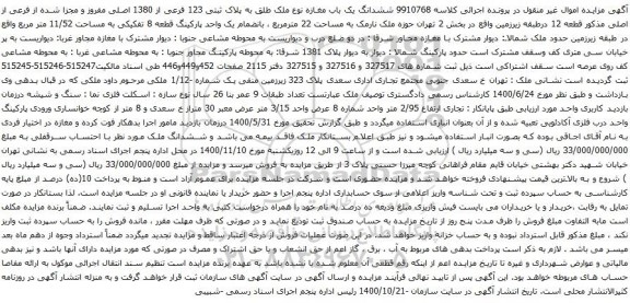 آگهی مزایده ششدانگ یک باب مغازه نوع ملک طلق به پلاک ثبتی 123 فرعی از 1380 اصلی مفروز